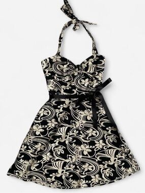 Vintage Y2K black & white floral halter mini dress
